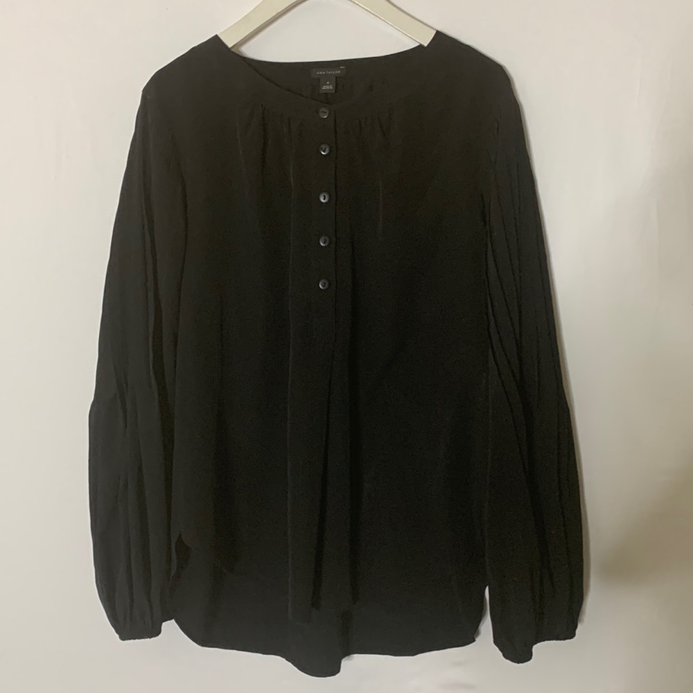 Ann Taylor Pleated Sleeve Black Blouse, Size M
